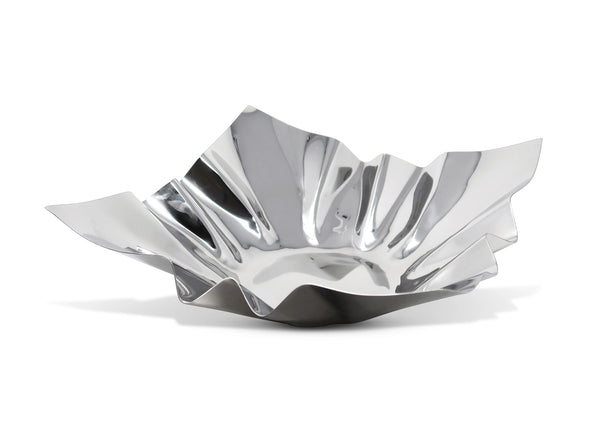 Silver, wavy bowl on a white background
