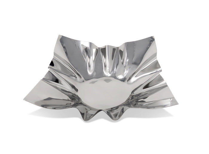Silver decorative bowl with a unique, wavy design on a white background