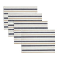 Set of three striped placemats with blue and beige stripes on a white background