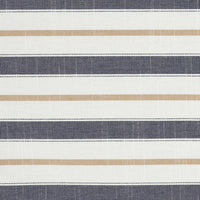 Fabric with horizontal stripes in navy, beige, and white on a white background