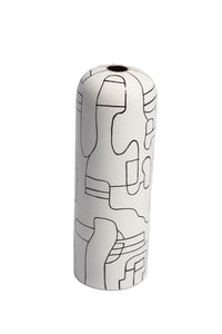 Cylindrical vase with black line art on a white background