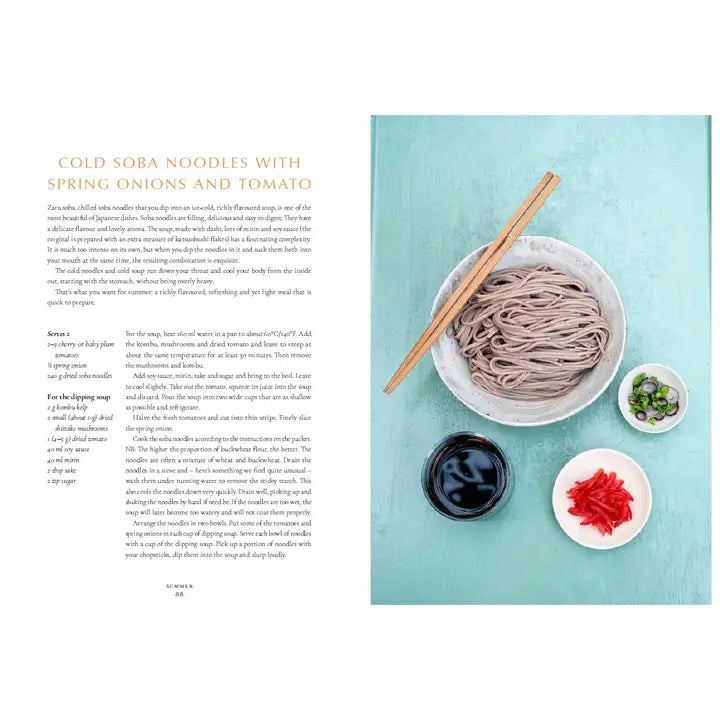 Recipe for cold soba noodles with spring onions and tomato on a blue background