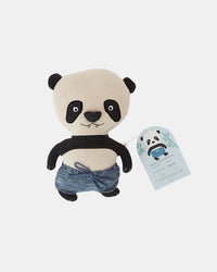 Plush panda toy with a tag on a white background
