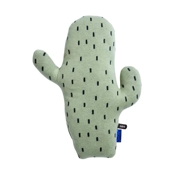 Cactus-shaped plush toy with black dot pattern on a white background