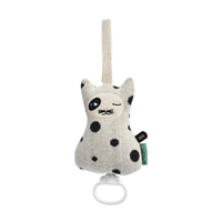 Cat-shaped baby rattle with black spots on a white background