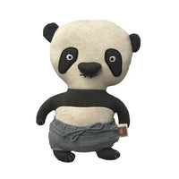 Stuffed panda toy with a gray diaper on a white background