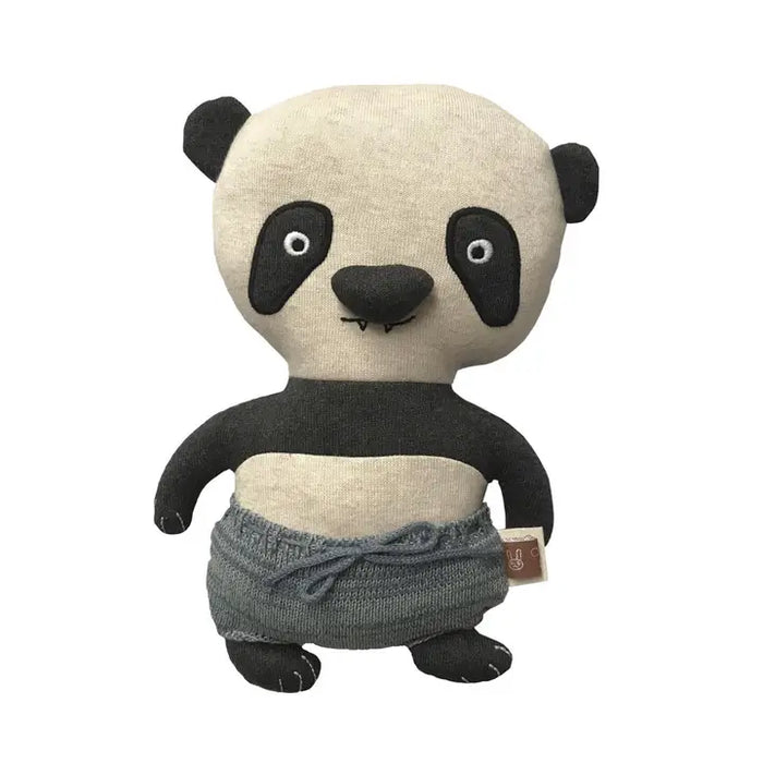 Stuffed panda toy with a gray diaper on a white background