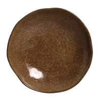 Brown ceramic plate with speckled texture on a white background