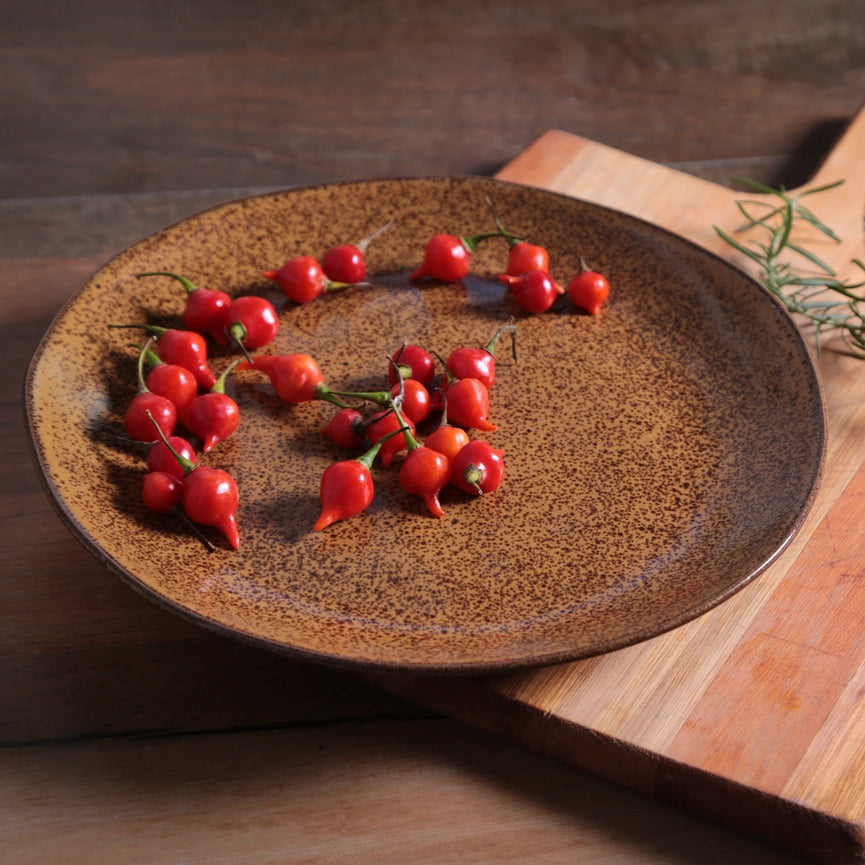 Red chili peppers on a brown ceramic plate on a wooden surface