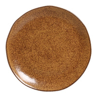 Brown ceramic plate with speckled texture on a white background