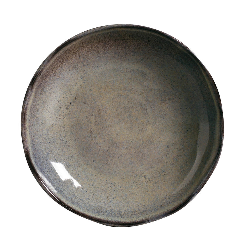 Round ceramic plate with a speckled gray finish on a white background