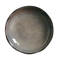 Round ceramic plate with a speckled gray finish on a white background