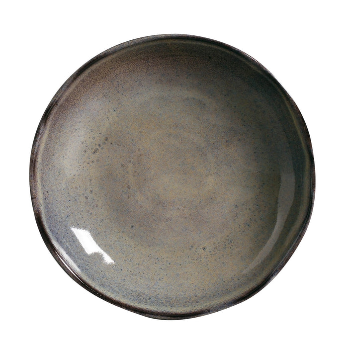Round ceramic plate with a speckled gray finish on a white background