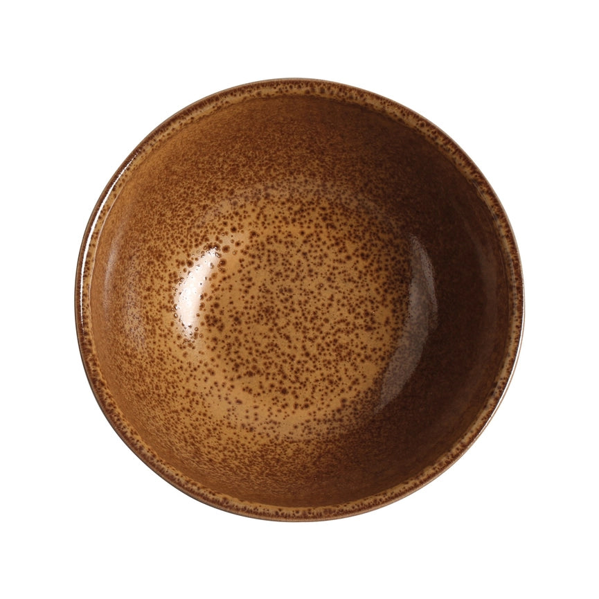 Brown ceramic bowl with speckled texture on a white background