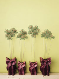 2 sizes purple owl vases with flowers and a yellow background