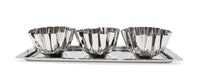 Set of three silver bowls on a tray with a white background