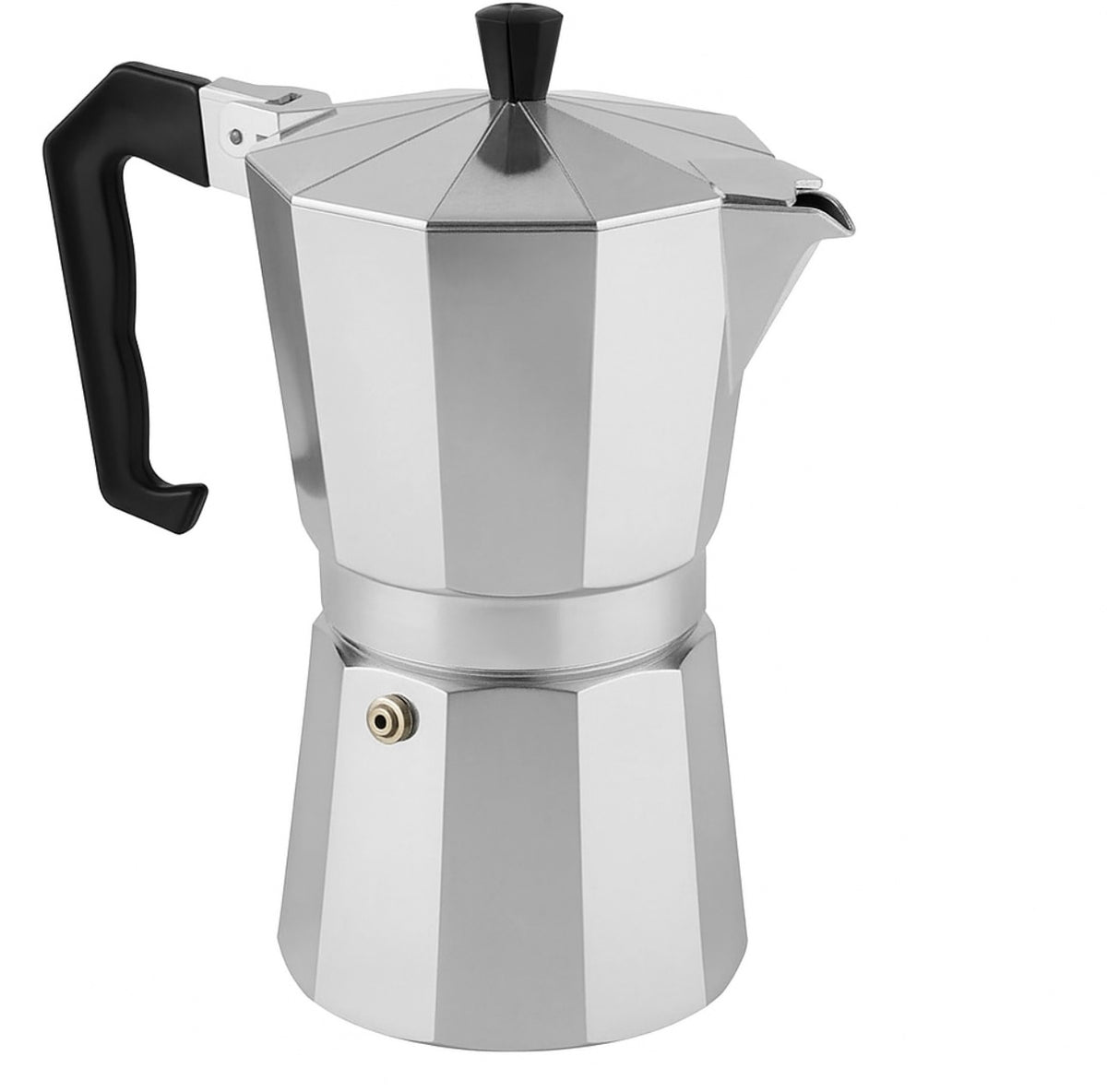Silver stovetop espresso maker with black handle on a white background