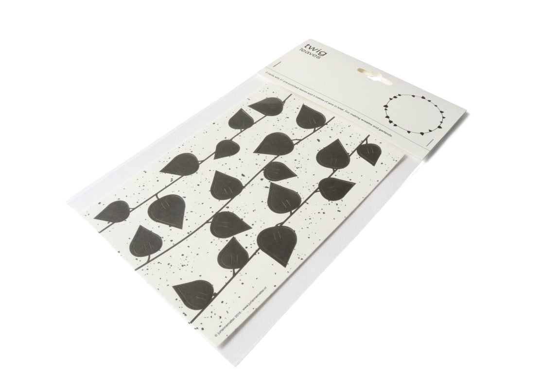 Card with black leaf patterns on a white background