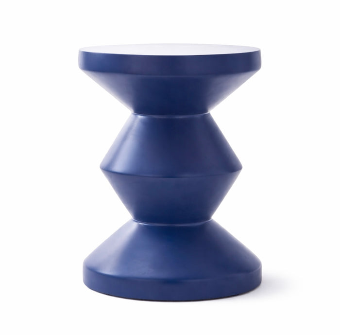 Blue geometric side table on a white background