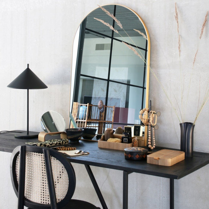 vanity with arch shaped mirror and willow wooden box