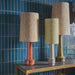 blue tiled wall with 3 table lamps that have a retro inspired stoneware base and linen shades in various colors
