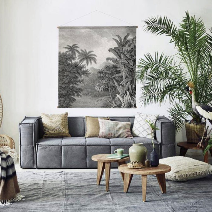 Living room with xxl wall chart and grey canvas couch