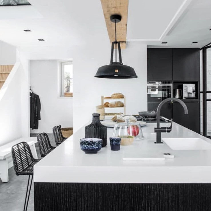 Large kitchen island with Hk living rattan bar stools in black