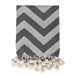 woven throw with pompons and grey and black and white design