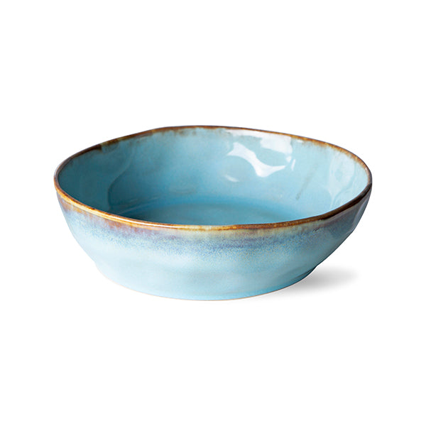 two Mediterranean style pasta bowls in aqua blue
