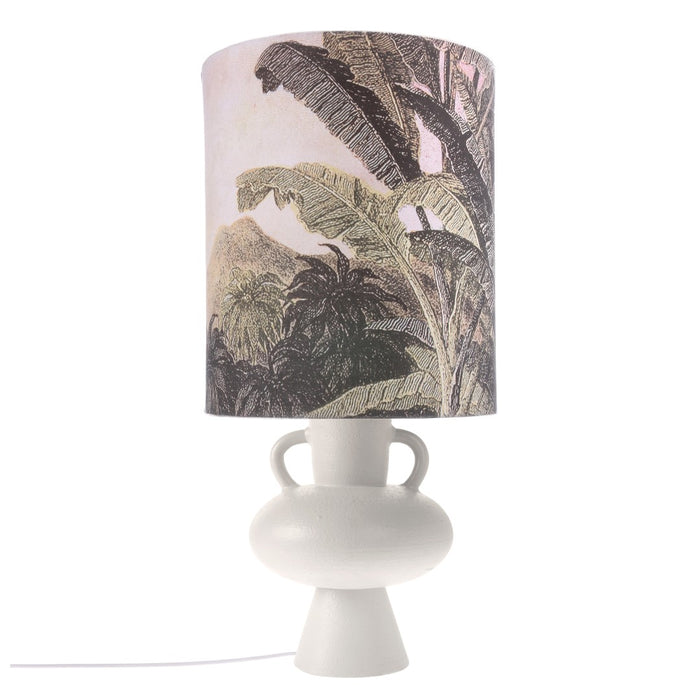 jungle theme lampshade on a large white stoneware base with two handles