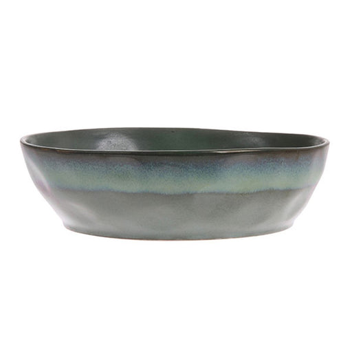 stoneware bowl with reactive glaze finish in green and blue tones