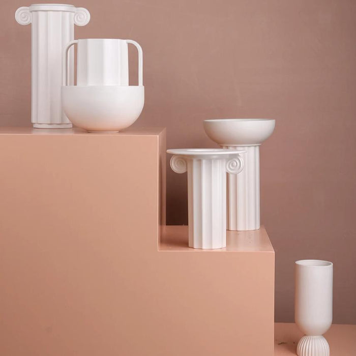 set of 4 different ancient greek inspired white flower vases