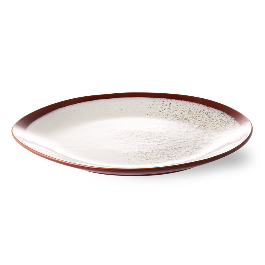 organic shaped ceramic dinner plate in white and brown tones