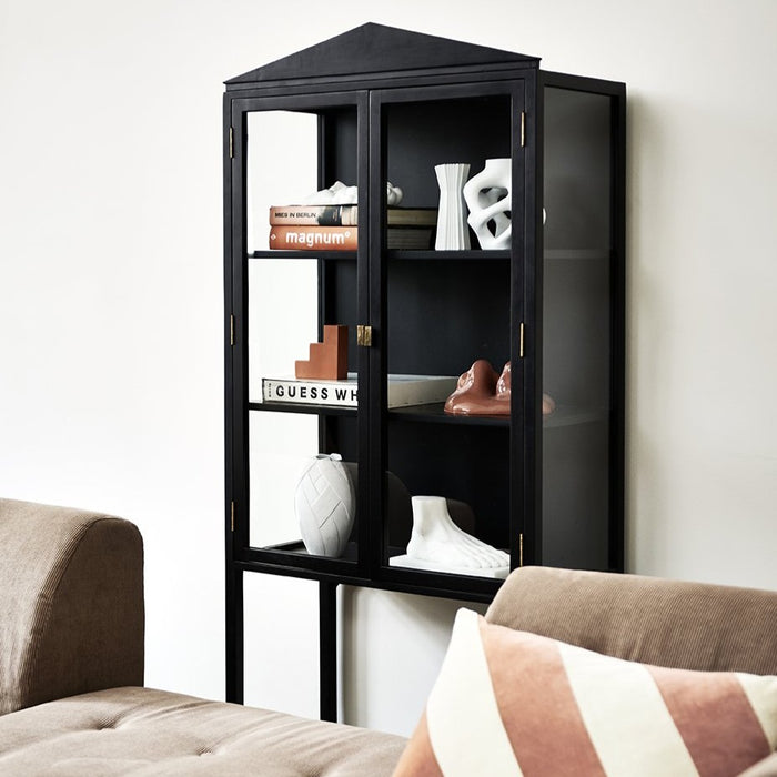 black showcase cabinet mka1938 with glass doors and crest