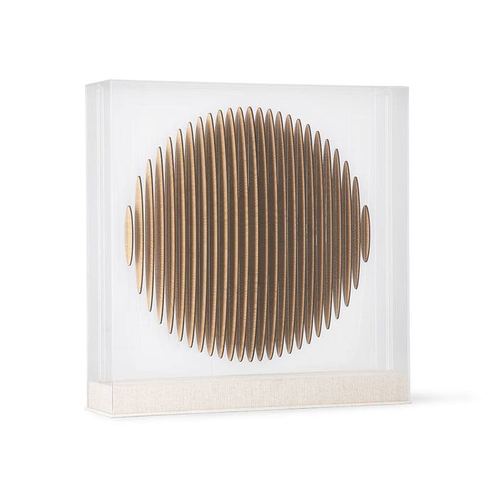 wooden art work of a sliced up circle in an acrylic dome 