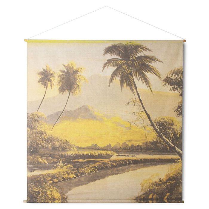 yellow colored jungle landscape inspired wall mural on cotton