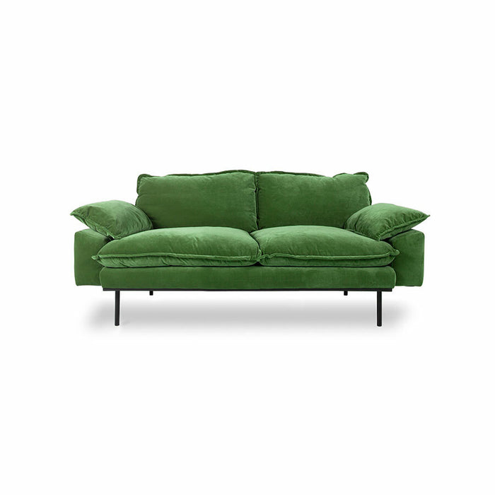 small sofa with 2 seating options in royal velvet green fabric with detachable cushions