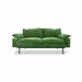 small sofa with 2 seating options in royal velvet green fabric with detachable cushions
