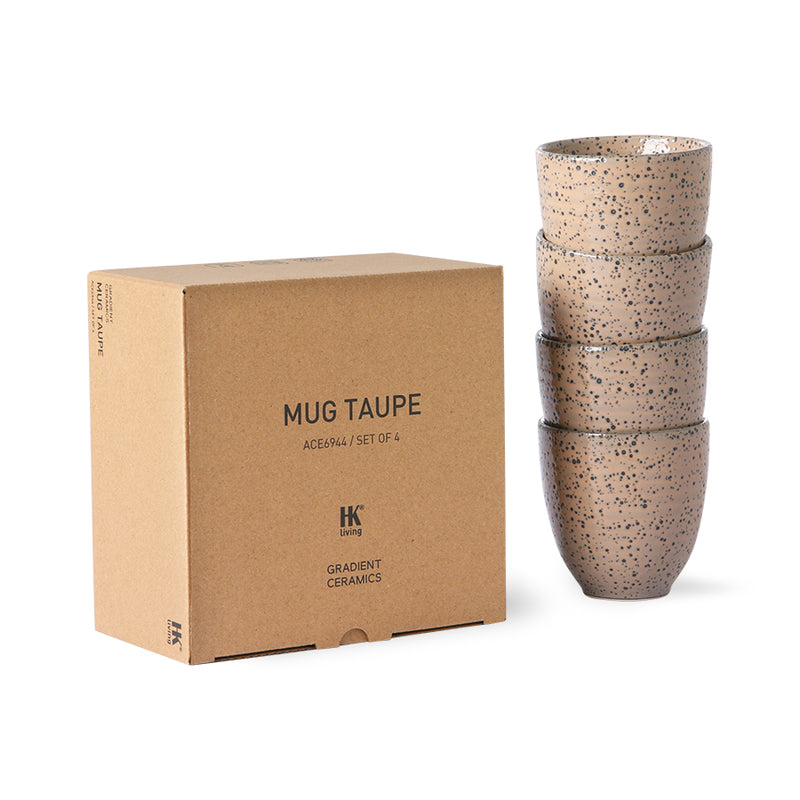 set of 4 taupe colored mugs in a brown gift box