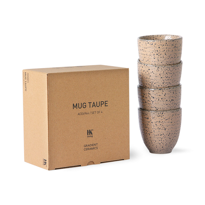 set of 4 taupe colored mugs in a brown gift box