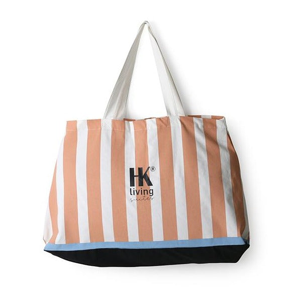 speach and white and blue striped beach tote