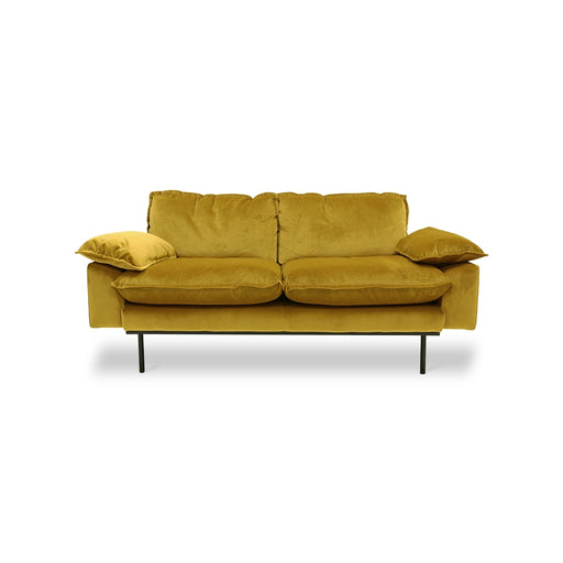 retro style 2 seater small sofa with ochre yellow velvet fabric and detachable cushions