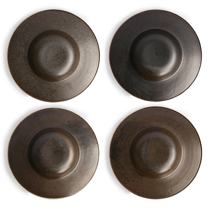4 rustic black porcelain deep plates in different finishes