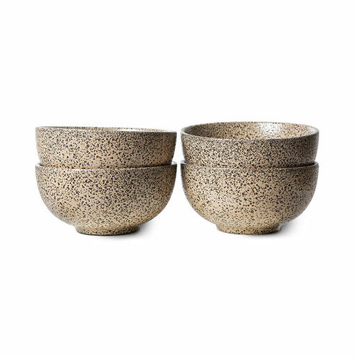 4 stoneware bowls in taupe color with dark speckles