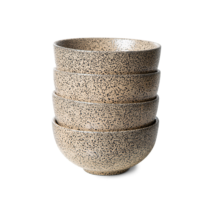 4 stoneware bowls in taupe color with dark speckles