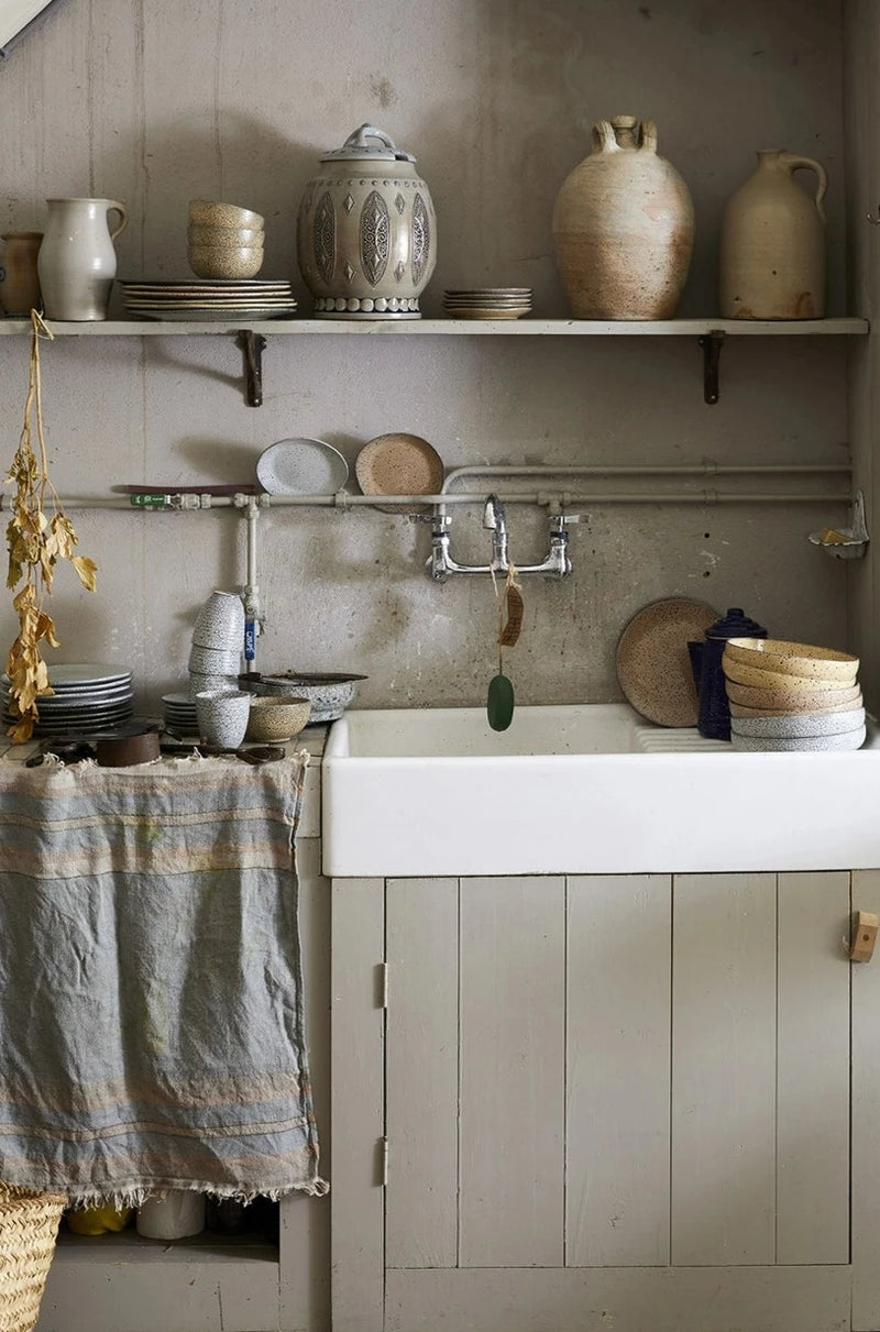 vintage style kitchen with gradient ceramics in various colors