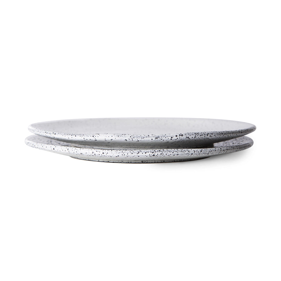 white side plates with dark speckles