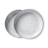 two deep pasta plates off white gray speckles