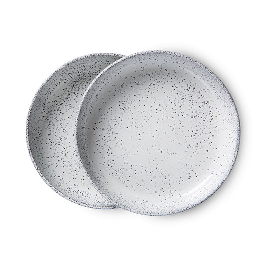 two deep pasta plates off white gray speckles