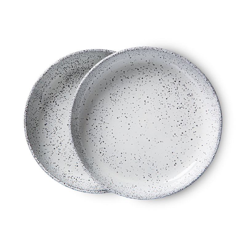 two deep pasta plates off white gray speckles